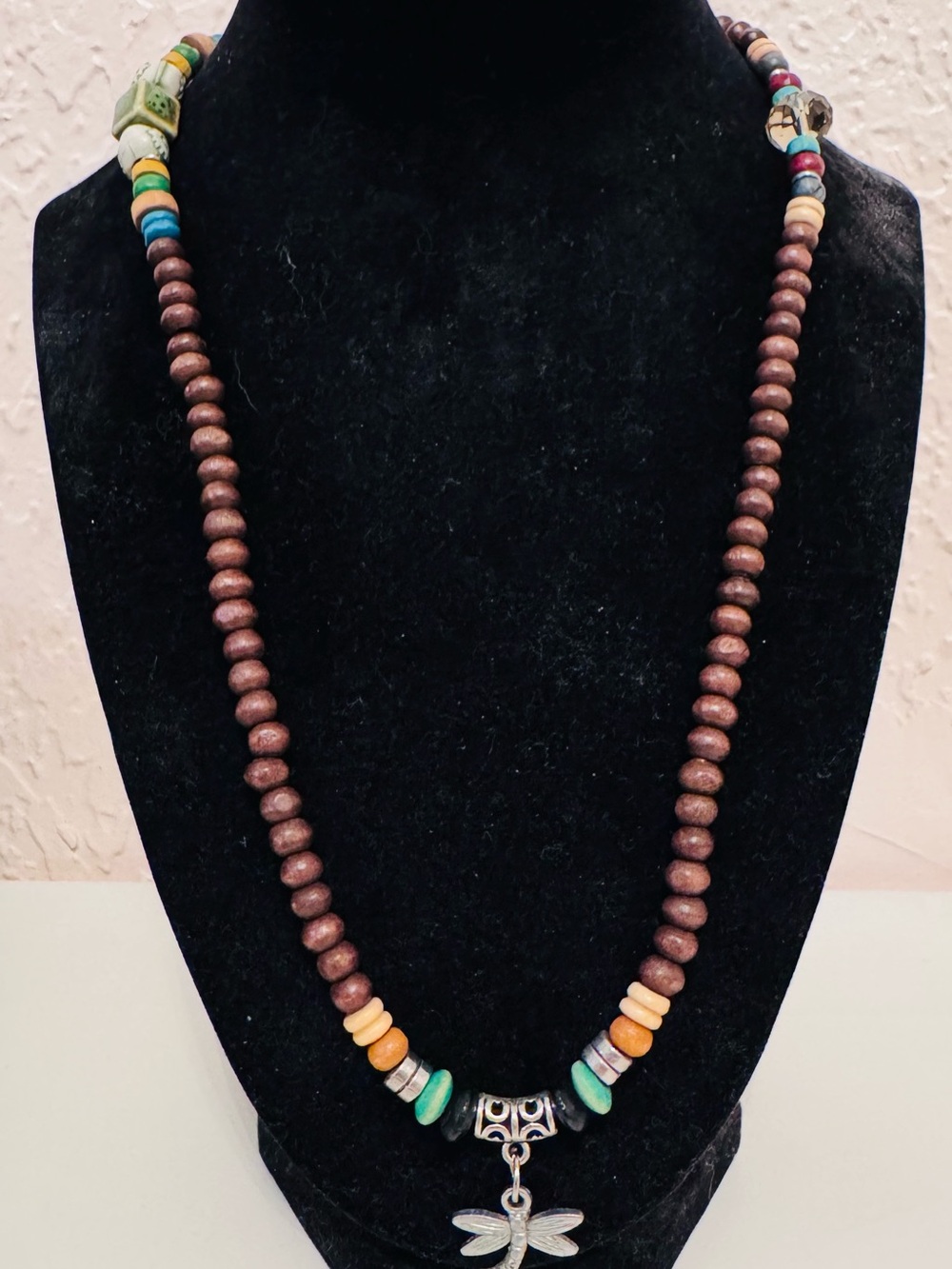 Handcrafted DRAGONFLY PENDANT Brown Wood Beaded Necklace